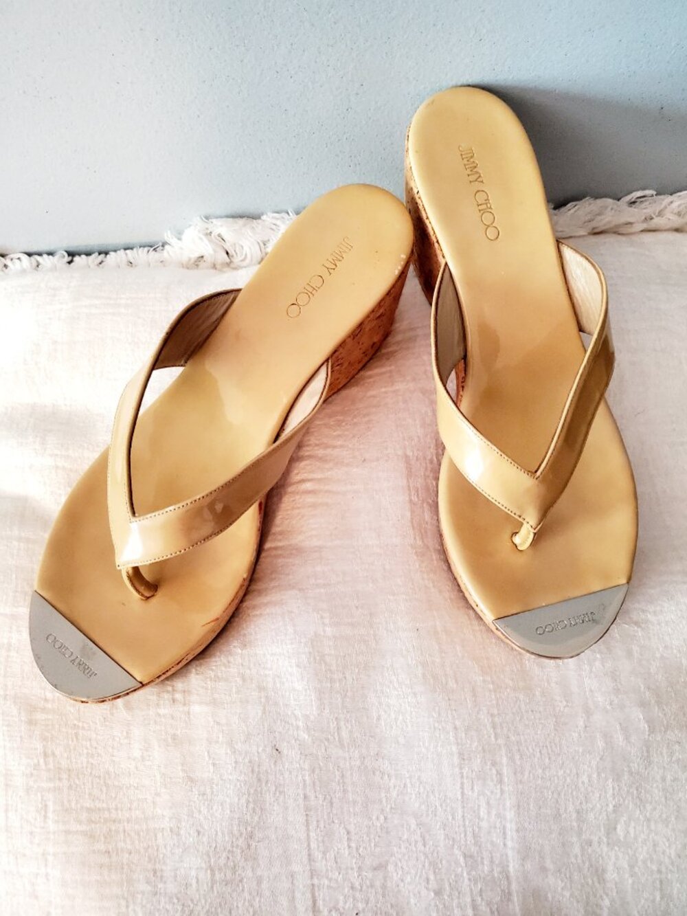 Jimmy Choo Patent Leather Cork Wedge Sandals Yellow Resort Thong Y2K Design 40.5 - Picture 6 of 15